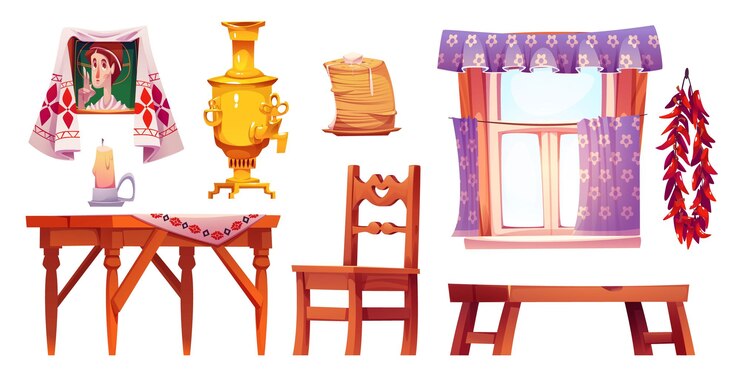 Vector gratuito antiguo conjunto de muebles de cocina rusos