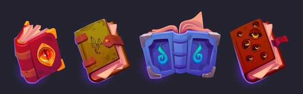 Antiguo libro de magia abierto para juego de fantasía ui dibujos animados
