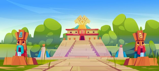 Antiguo templo de la pirámide azteca y estatuas hitos históricos de la civilización maya Ilustración de dibujos animados vectoriales del paisaje de verano con bosque tropical y pueblo mesoamericano con ziggurat