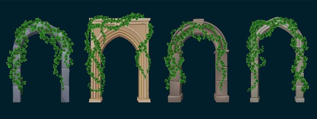 Antiguos arcos griegos o romanos con columnas de piedra y enredaderas de hiedra con hojas verdes. Conjunto de dibujos animados vectoriales de elementos de arquitectura antigua 3d, portales con plantas trepadoras aisladas sobre fondo negro