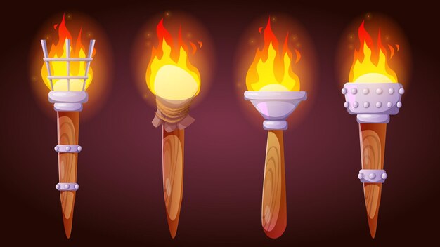 Las antorchas de fuego en llamas están aisladas en negro.