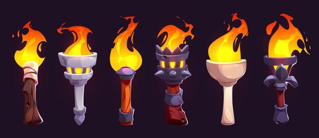 Las antorchas de juego medievales con llamas brillantes