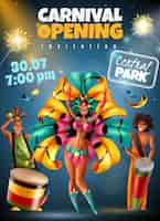 Vector gratuito anuncio anual de apertura del festival de carnaval brasileño cartel de invitación colorida con luces brillantes bailarines músicos disfraces ilustración vectorial