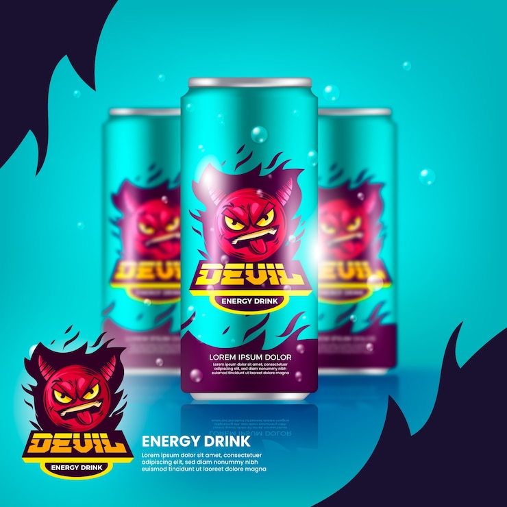 Vector gratuito anuncio de bebida energética devil en latas