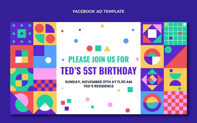 Anuncio de facebook de cumpleaños de mosaico de diseño plano