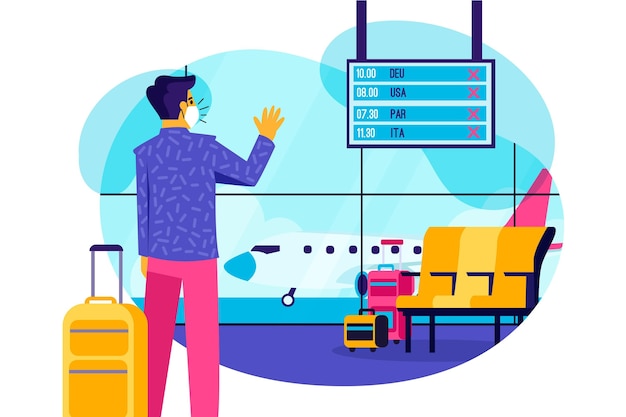 Anuncio ilustrado de vuelo cancelado en el aeropuerto