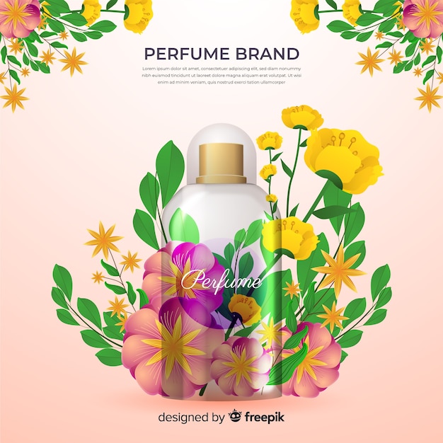 Anuncio de perfume realista con flores.