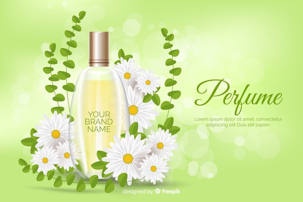 Anuncio de perfume realista con flores.