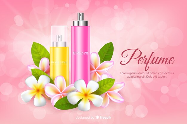 Anuncio de perfume realista con flores.