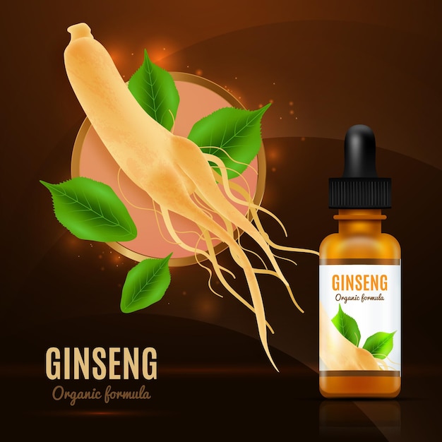 Anuncio de raíz de ginseng con partículas doradas