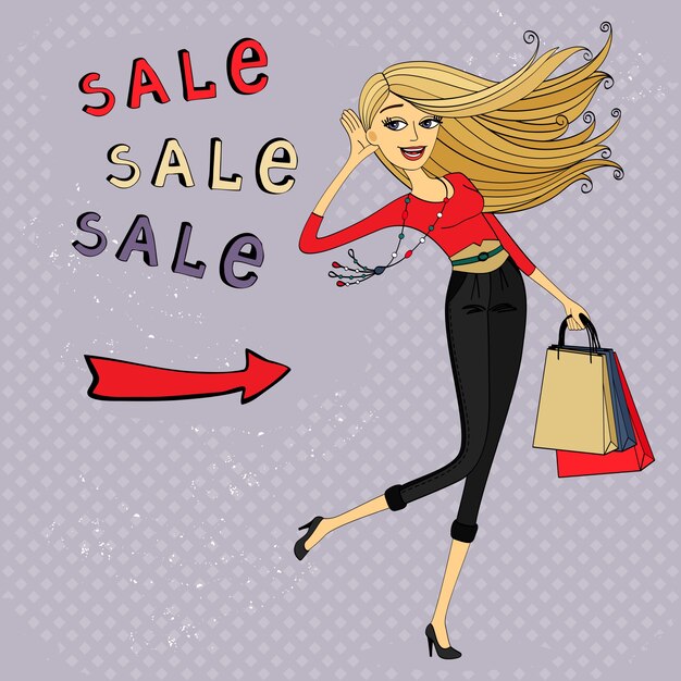 Anuncio de venta de moda, chica de compras con bolsas