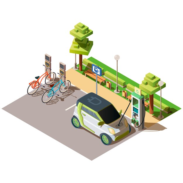Aparcamiento de coches eléctricos y bicicletas.