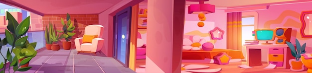 Apartamento moderno con balcón ilustración de dibujos animados vectoriales de dormitorio groovy con cama de chica rosa computadora en el escritorio libros en el estante espejo en el patio de la pared con sillón y plantas vista del paisaje urbano