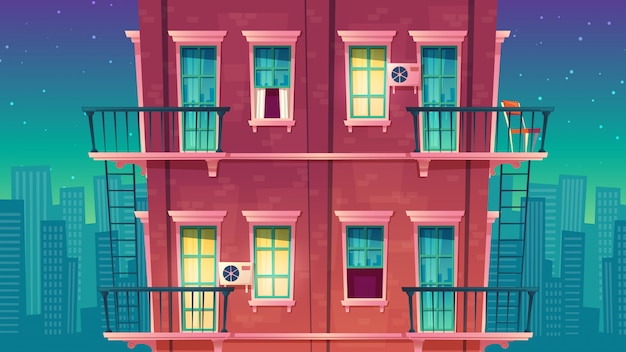 Apartamento residencial de varias plantas por la noche, edificio privado