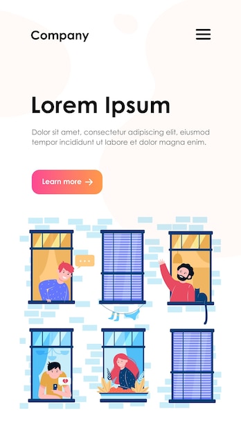 Vector gratuito apartamento ventanas abiertas con plantilla web de vecinos amigables. los jóvenes que viven en un edificio, el hombre con el gato hablando con otro chico