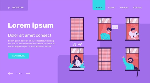 Apartamento ventanas abiertas con vecinos amigables ilustración plana.