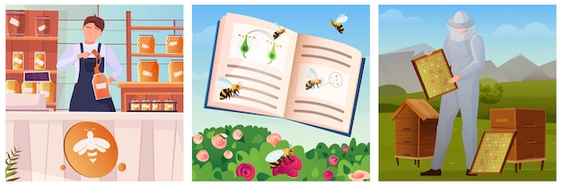 Apicultura tres ilustraciones cuadradas de color plano con abejas voladoras apicultor y vendedor