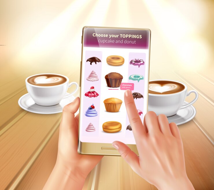 Vector gratuito aplicación de cocina de realidad aumentada y virtual para teléfonos inteligentes que reconoce productos que sugieren recetas que eligen coberturas composición realista