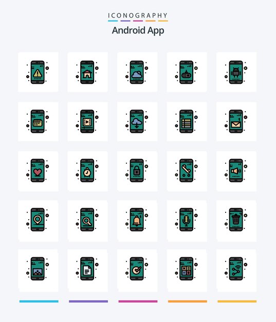 Aplicación creativa de Android Paquete de iconos llenos de 25 líneas, como la aplicación móvil de juegos de Android, la aplicación meteorológica de entretenimiento