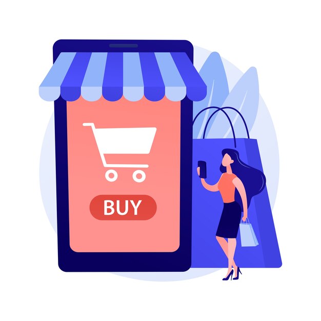 Aplicación de mercado digital. Negocio remoto. Comercio electrónico, tienda de internet, mercado móvil. Cliente con personaje de dibujos animados de teléfono inteligente.