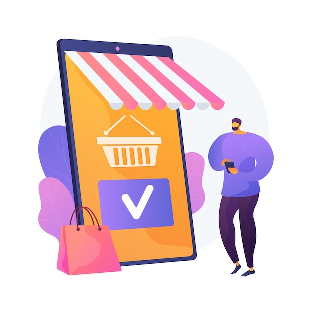 Aplicación móvil de compras, servicio de tienda online. Aplicación para smartphone, compra por internet, realización de pedidos. Personaje de dibujos animados del cliente. Añadiendo producto al carrito. Ilustración de metáfora de concepto aislado de vector.