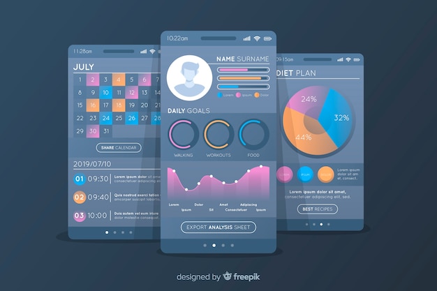 Aplicación móvil fitness infografía diseño plano