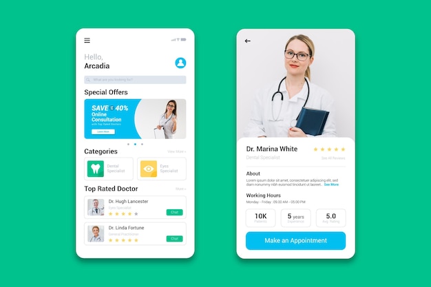 Aplicación de reserva médica con foto