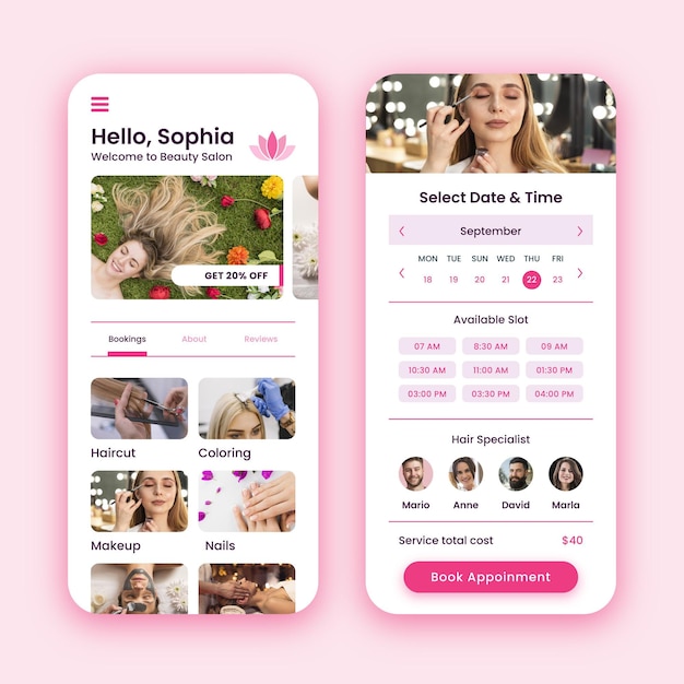 Aplicación de reserva de salón de belleza con foto