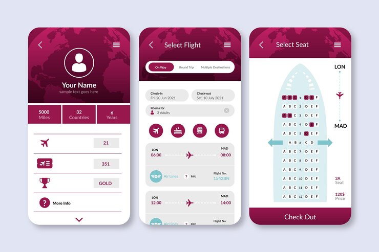 Vector gratuito aplicación de reserva de viajes con interfaz simplista