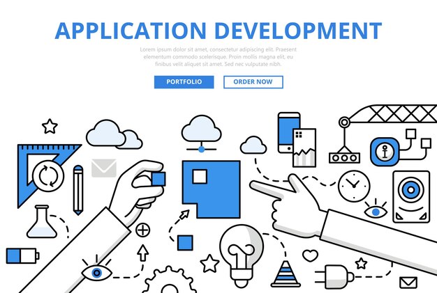 Aplicación de software de desarrollo de aplicaciones concepto de programación estilo de línea plana. Manos largas combinan rompecabezas cuadrado