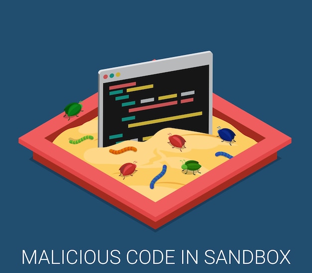 Vector gratuito aplicación de software malicioso desarrollo de código sandbox depuración isométrica plana