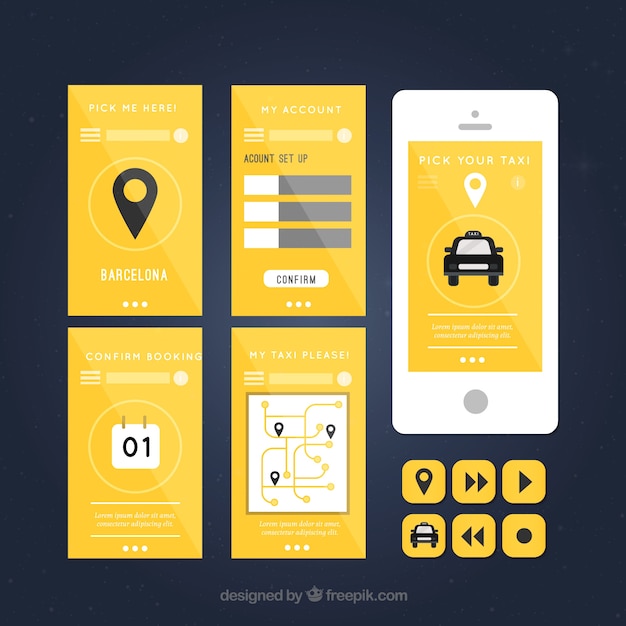 Vector gratuito aplicación de taxi con capturas de pantalla