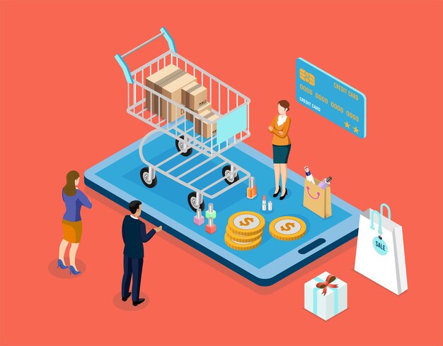 Aplicación teléfono inteligente pagos móviles y de computadora transacción en línea Personajes de mujer y hombre proceso de compras en línea en el teléfono inteligente Diseño isométrico de ilustración de dibujos animados de Vecter