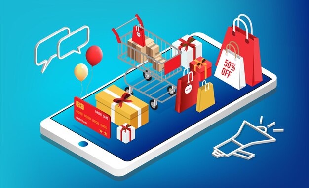 Aplicación para teléfonos inteligentes pagos móviles y de computadora transacción en línea Proceso de compras en línea en el teléfono inteligente Diseño isométrico de ilustración de dibujos animados de Vecter