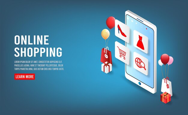Aplicación para teléfonos inteligentes pagos móviles y de computadora transacción en línea Proceso de compras en línea en el teléfono inteligente Diseño isométrico de ilustración de dibujos animados de Vecter