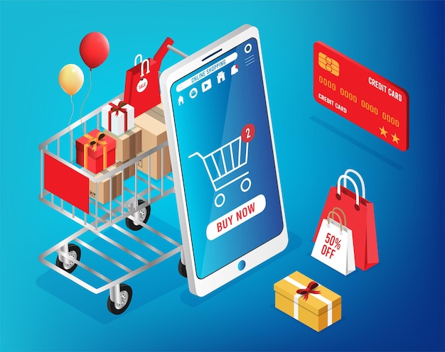 Aplicación para teléfonos inteligentes pagos móviles y de computadora transacción en línea Proceso de compras en línea en el teléfono inteligente Diseño isométrico de ilustración de dibujos animados de Vecter