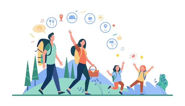 Aplicación de ubicación o senderismo familiar. Padre, madre e hijos caminando al aire libre, llevando mochilas y canasta de picnic. Ilustración de vector para camping, viajes de aventura, temas de excursionistas activos