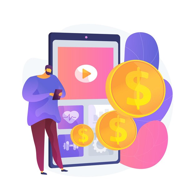 Aplicaciones móviles de salud y bienestar. Personaje masculino invirtiendo en el desarrollo de aplicaciones móviles. Deporte, fitness, bienestar. Plataforma de crowdfunding. Ilustración de metáfora de concepto aislado de vector
