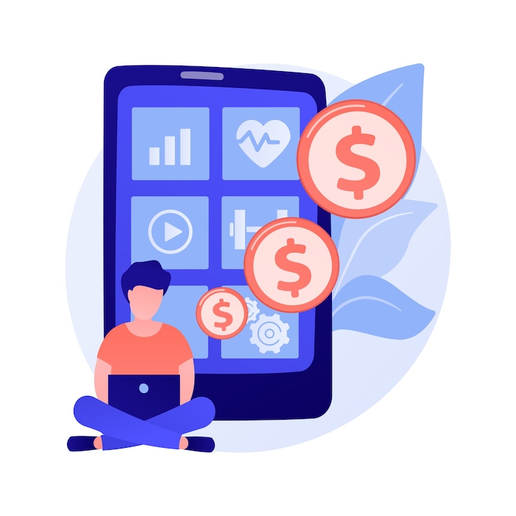 Vector gratuito aplicaciones móviles de salud y bienestar. personaje masculino invirtiendo en el desarrollo de aplicaciones móviles. deporte, fitness, bienestar. plataforma de crowdfunding.