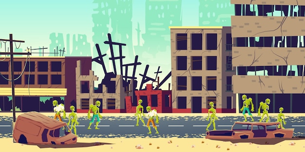 Vector gratuito apocalipsis zombi en la ilustración de dibujos animados de la ciudad