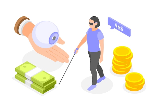 Vector gratuito apoyo financiero del seguro social de personas discapacitadas composición isométrica con mujer ciega y prótesis ocular 3d ilustración vectorial