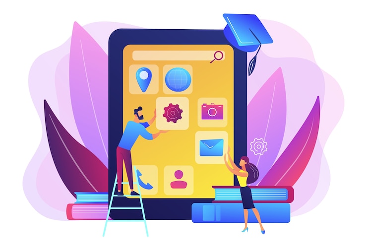 Vector gratuito aprendizaje electrónico. proceso educativo. aplicación de formación. los cursos de desarrollo de aplicaciones móviles, los cursos en línea de aplicaciones móviles se convierten en un concepto de desarrollador móvil.