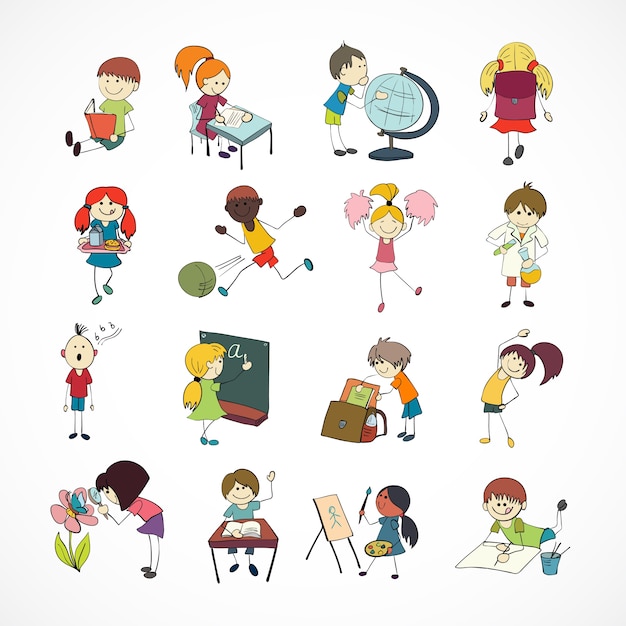 Vector gratuito aprendizaje de lectura decorativa cantando y jugando niños de escuela de fútbol con mochila doodle dibujo ilustración vectorial