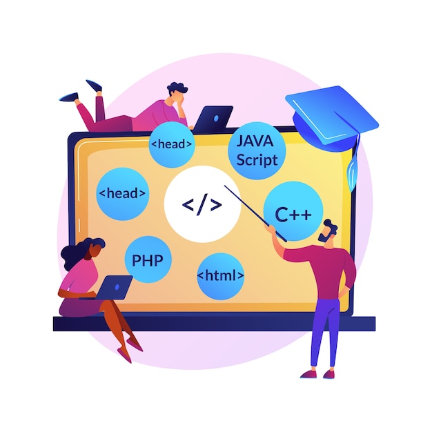 Aprendizaje de lenguajes de programación. Cursos de codificación de software, clase de desarrollo de sitios web, escritura de guiones. Personajes de dibujos animados de programadores de TI.