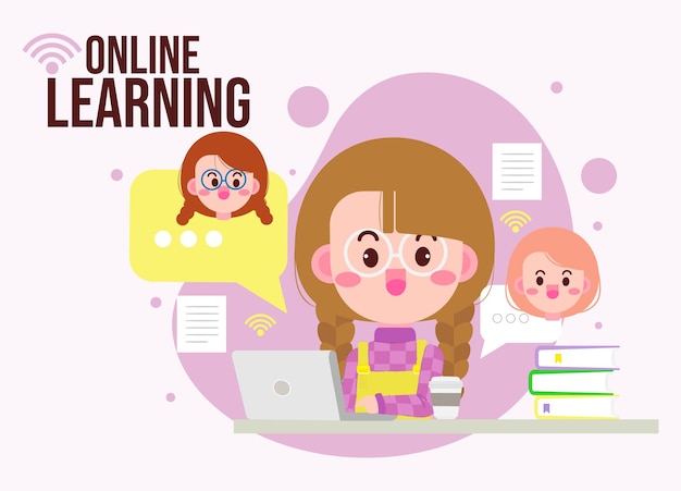 Aprendizaje en línea de niño lindo con ilustración de dibujos animados de computadora portátil