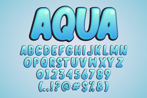 Aqua, resplandor de estilo de alfabeto de dibujos animados moderno