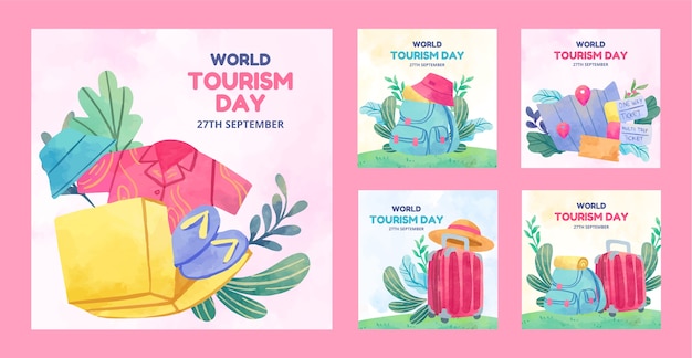 Vector gratuito aquarela en instagram publica una colección para la celebración del día mundial del turismo