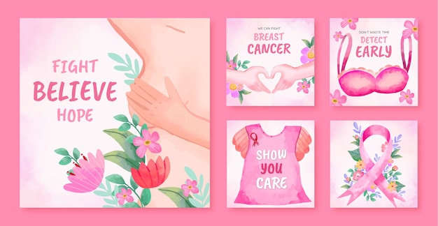 Vector gratuito aquarela en instagram publica una colección para el mes de concienciación sobre el cáncer de mama