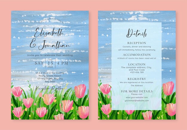 Aquarela paisaje marítimo y campo de tulipanes plantilla de invitación de boda