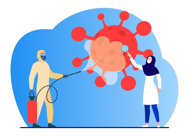 Vector gratuito Árabes con trajes protectores desinfectando la zona del virus. coronavirus, máscara, lupa ilustración vectorial plana. pandemia y prevención